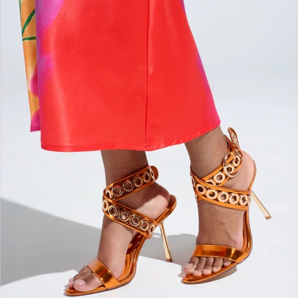 Azalea Wang Shoes - Orange & Metallic Gold Hardware Embellished Stiletto High Heel Sandals